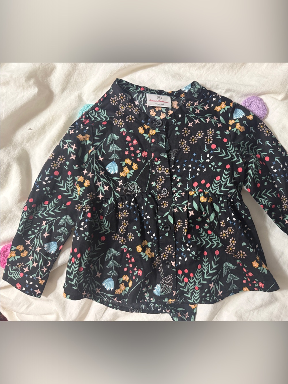 Hanna Andersson Girls Black Floral Button-Up Top with Green & Pink Accents s